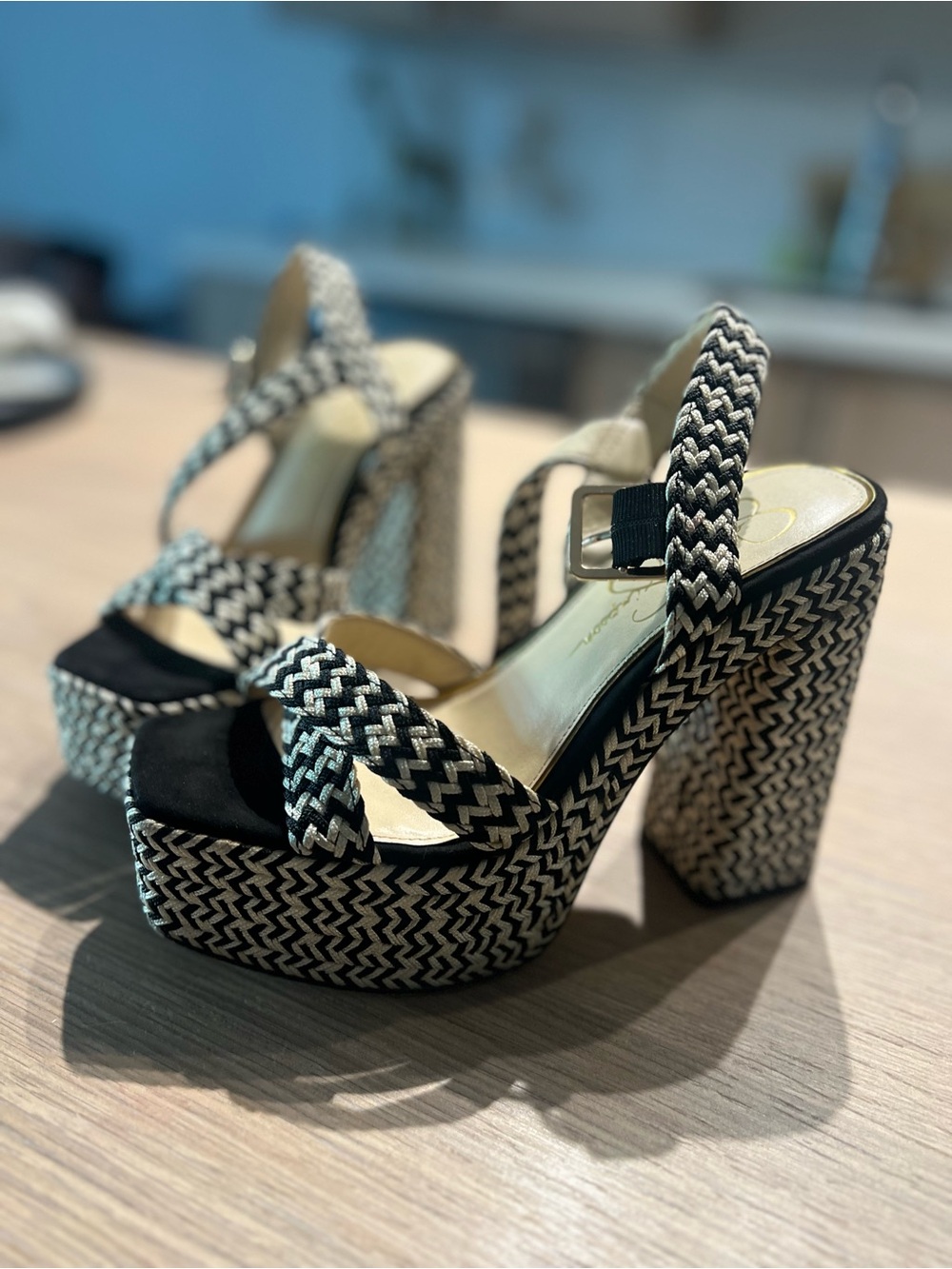 Jessica Simpson Black & White Braided Platform Block Heels